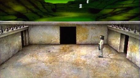 A variant of the Spider Room, now with the Vale of Banburn in the horizon. Based on a handpainted scene by David Rowe, as shown on Series 3 of Knightmare (1989).